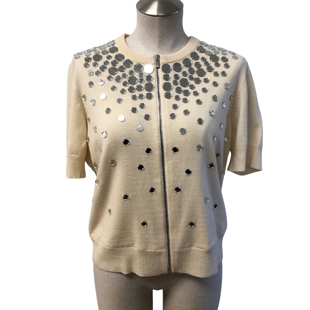 Michael Kors Full Zip Cardigan Womens Large White 100% Cashmere Sequin